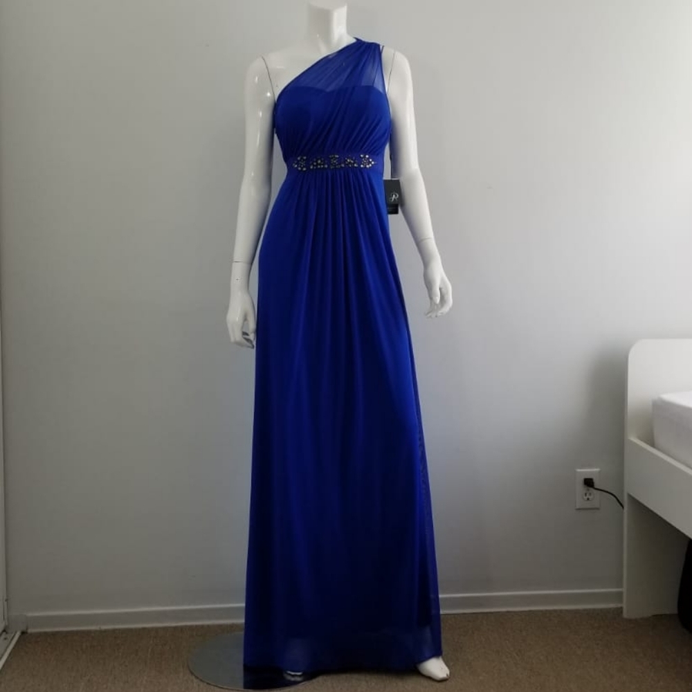 Adrianna Papell Royal Blue One-Shoulder Beaded-Waist Evening Gown